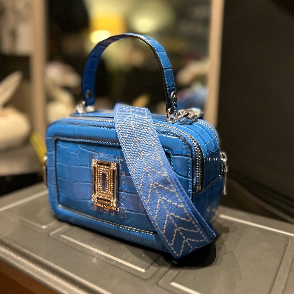 New Karl Lagerfeld Paris Simone Top Handle Crossbody Bag Blue | Crocodile | - Picture 2 of 8